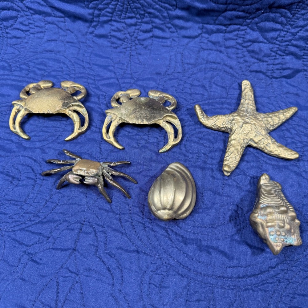 Vintage Solid Brass Sea Life Figurine Set Crabs Starfish Shells Nautical Decor